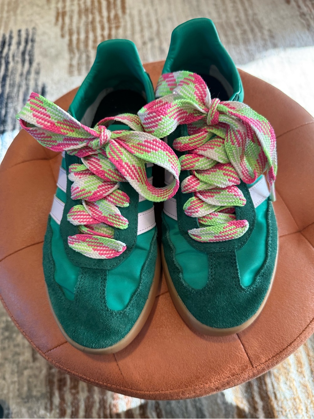 adidas Green Suede & Mesh Athletic Sneakers with Pink/Green Laces - Picture 8 of 8